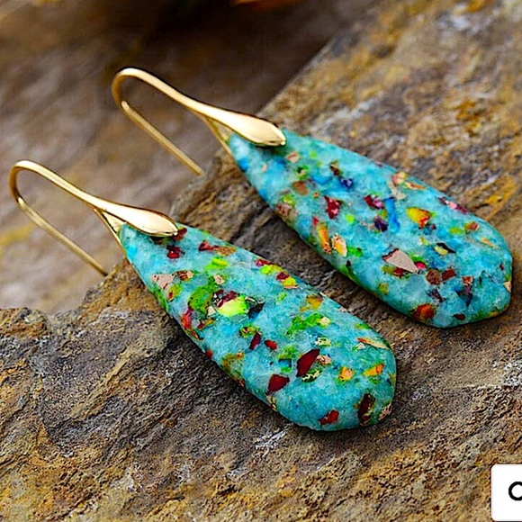 Blue Imperial Jasper Stone Earrings Blue Gold - Picture 2 of 3